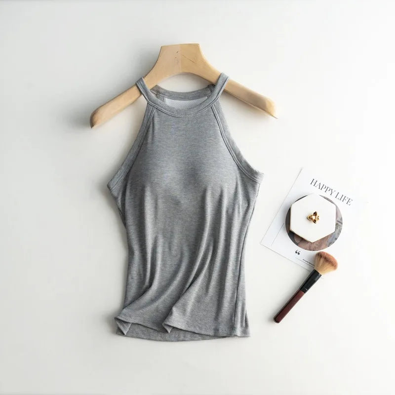 Basic Solid T shirts Women Slim Halter Neck Off-shoulder Camisole Tops Tees Summer Female Tanks Sleeveless With Chest Pad
