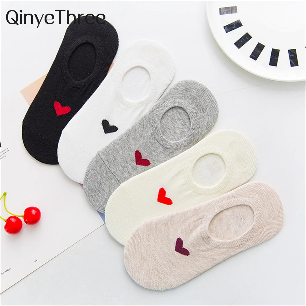 New Women's Summer Red Love Heart Breathable Soft Cotton Short Socks Unisex No-Slip Invisible Sokken Dropship
