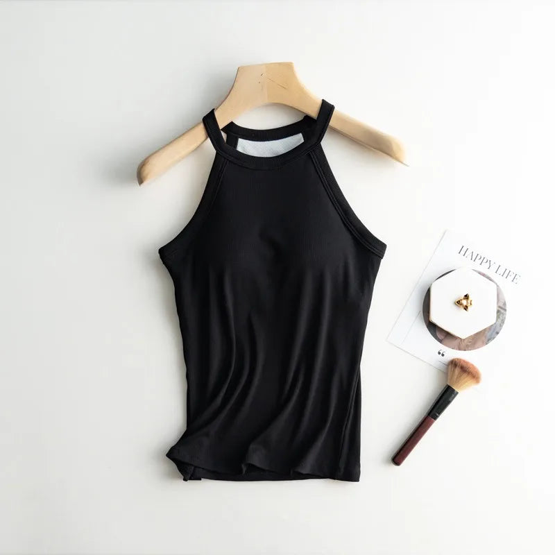 Basic Solid T shirts Women Slim Halter Neck Off-shoulder Camisole Tops Tees Summer Female Tanks Sleeveless With Chest Pad