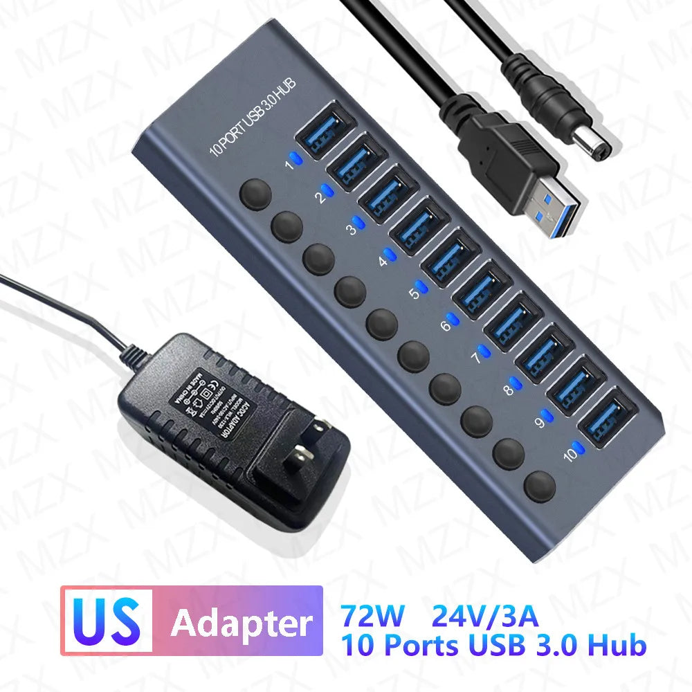 MZX USB A 3.0 Hub Aluminum Multi Ports Splitter Concentrator Quick PD Charger Power Adapter C Multiple Expander Hubs With Switch