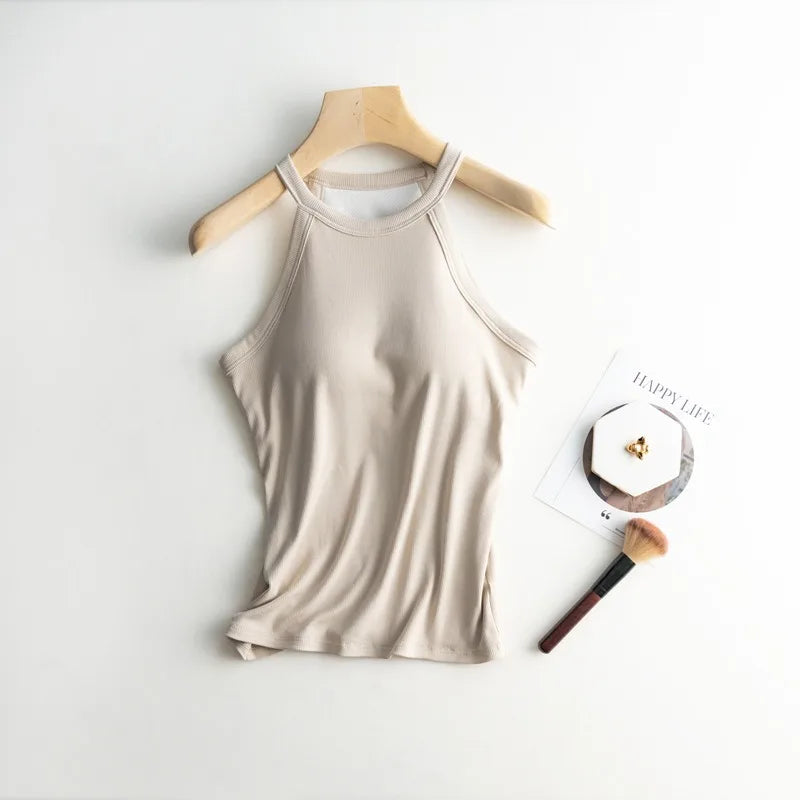 Basic Solid T shirts Women Slim Halter Neck Off-shoulder Camisole Tops Tees Summer Female Tanks Sleeveless With Chest Pad