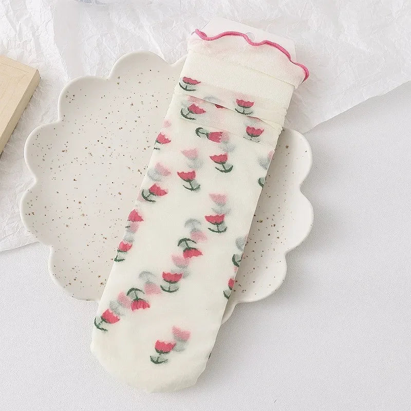 Dopamine JK Kawaii Fruit Ruffled Cute Silk Socks Women Summer Thin Breathable Flower Crystal Sexy Transparent Female Lace Socks