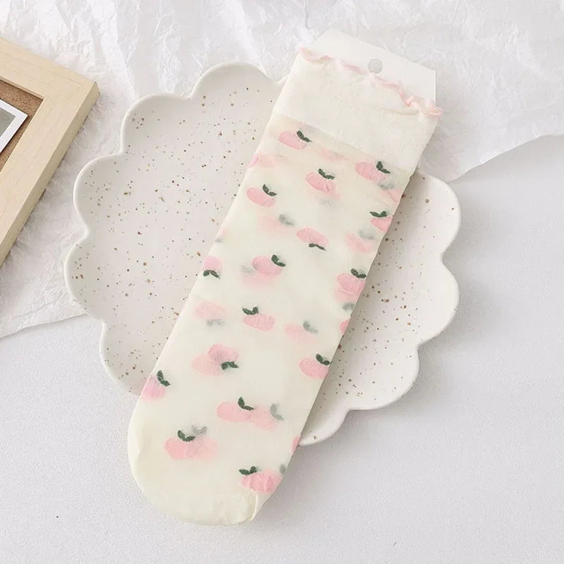 Dopamine JK Kawaii Fruit Ruffled Cute Silk Socks Women Summer Thin Breathable Flower Crystal Sexy Transparent Female Lace Socks
