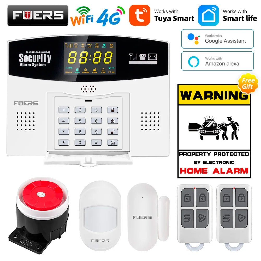Fuers Tuya Smart WIFI 4G 2G GSM Alarm System Burglar Alarm 433MHZ Wireless Wired Security Zone Link Alexa Google Motion Sensor