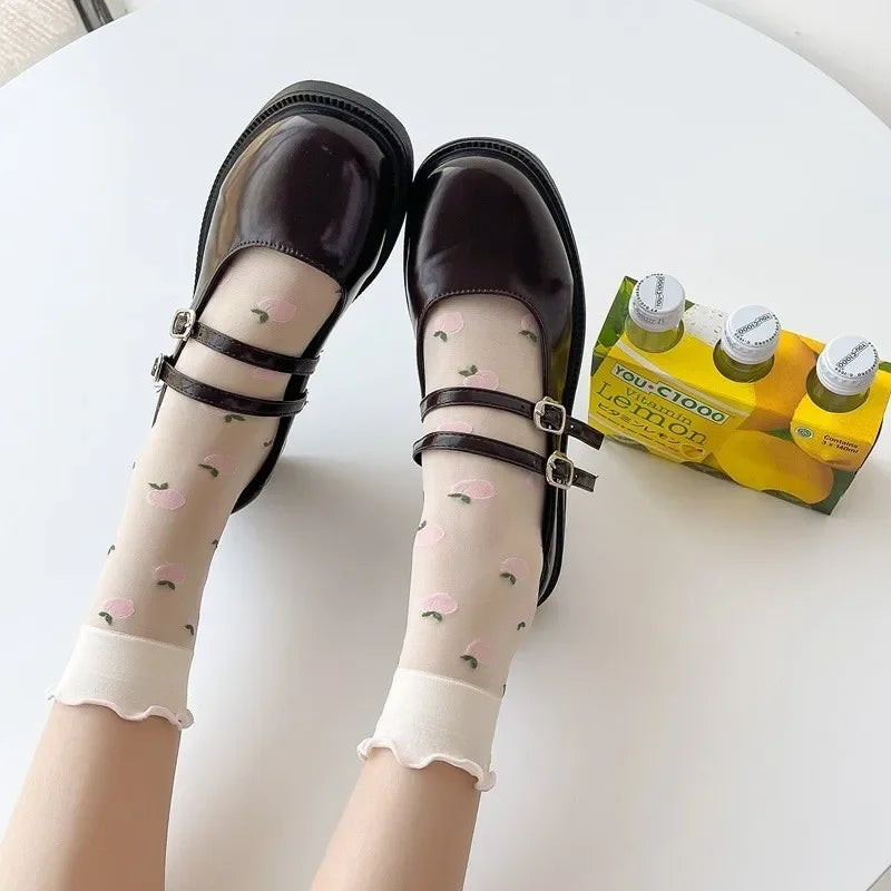 Dopamine JK Kawaii Fruit Ruffled Cute Silk Socks Women Summer Thin Breathable Flower Crystal Sexy Transparent Female Lace Socks
