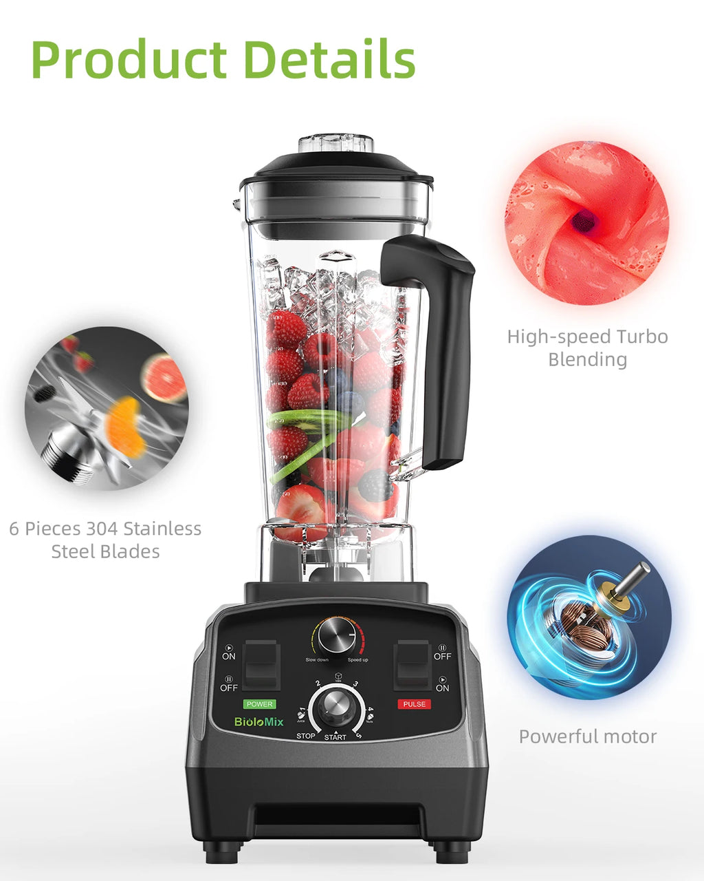 BioloMix 3HP 2200W Heavy Duty Grade Timer Blender Mixer Juicer Fruit Food Processor Ice Smoothies BPA Free 2L Jar