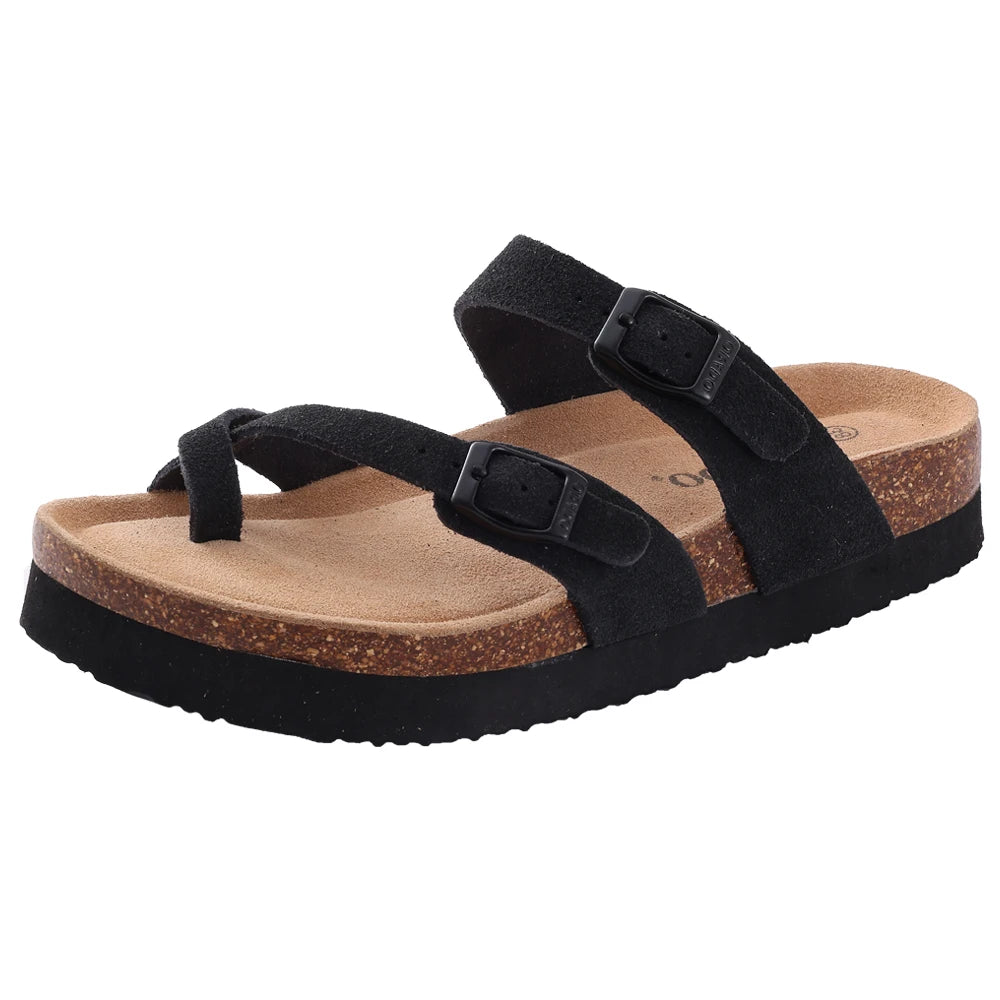 Litfun Classic Leather Cork Slippers Women Fashion Suede Flats Sandals Thick Footbed Cork Slides Unisex Outdoor Beach Slippers