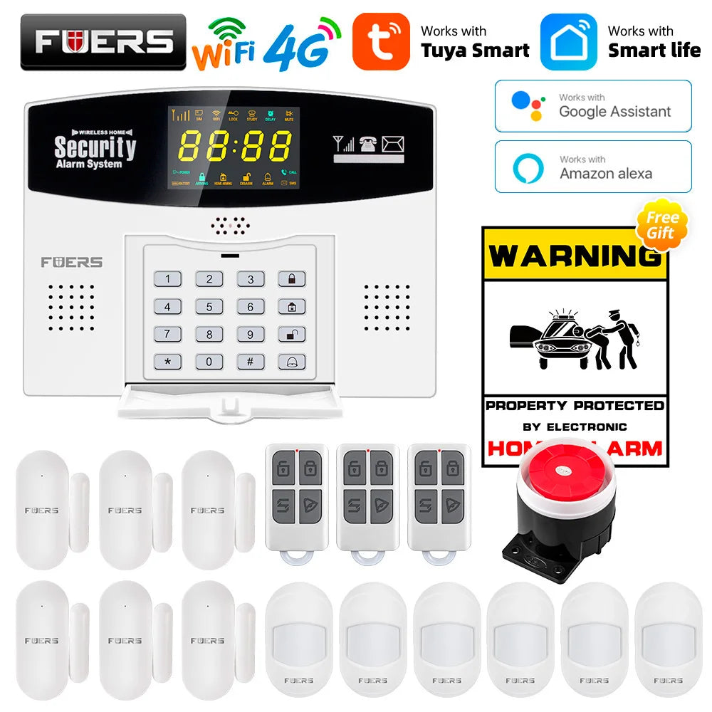 Fuers Tuya Smart WIFI 4G 2G GSM Alarm System Burglar Alarm 433MHZ Wireless Wired Security Zone Link Alexa Google Motion Sensor