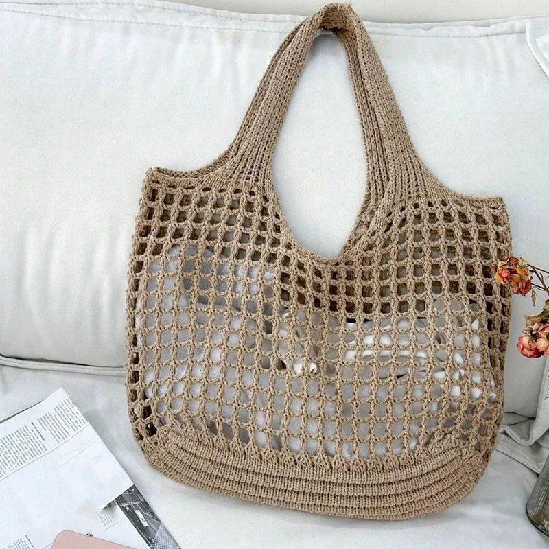 Fashion Crochet Bags for Women Summer Beach Tote Bag Raffia Aesthetic Totes Straw Handbag Bohemian Boho Woven Knit Shoulder Bag
