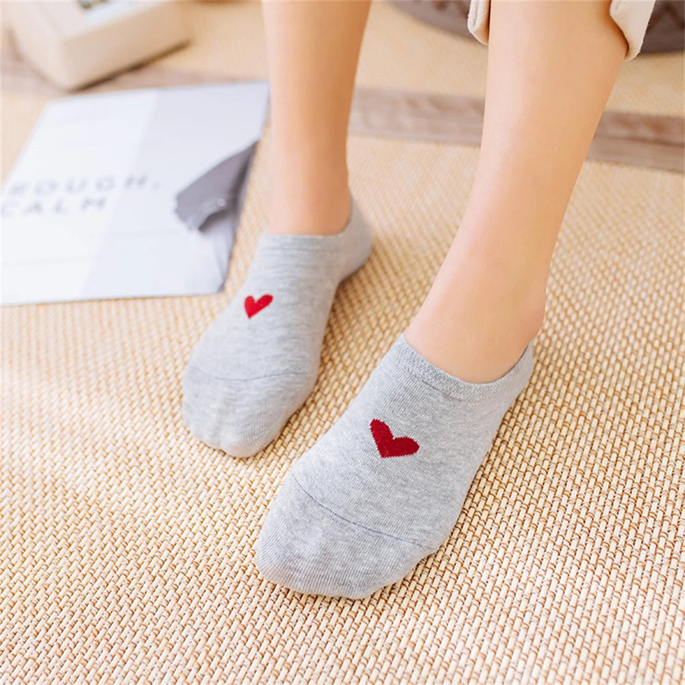 New Women's Summer Red Love Heart Breathable Soft Cotton Short Socks Unisex No-Slip Invisible Sokken Dropship