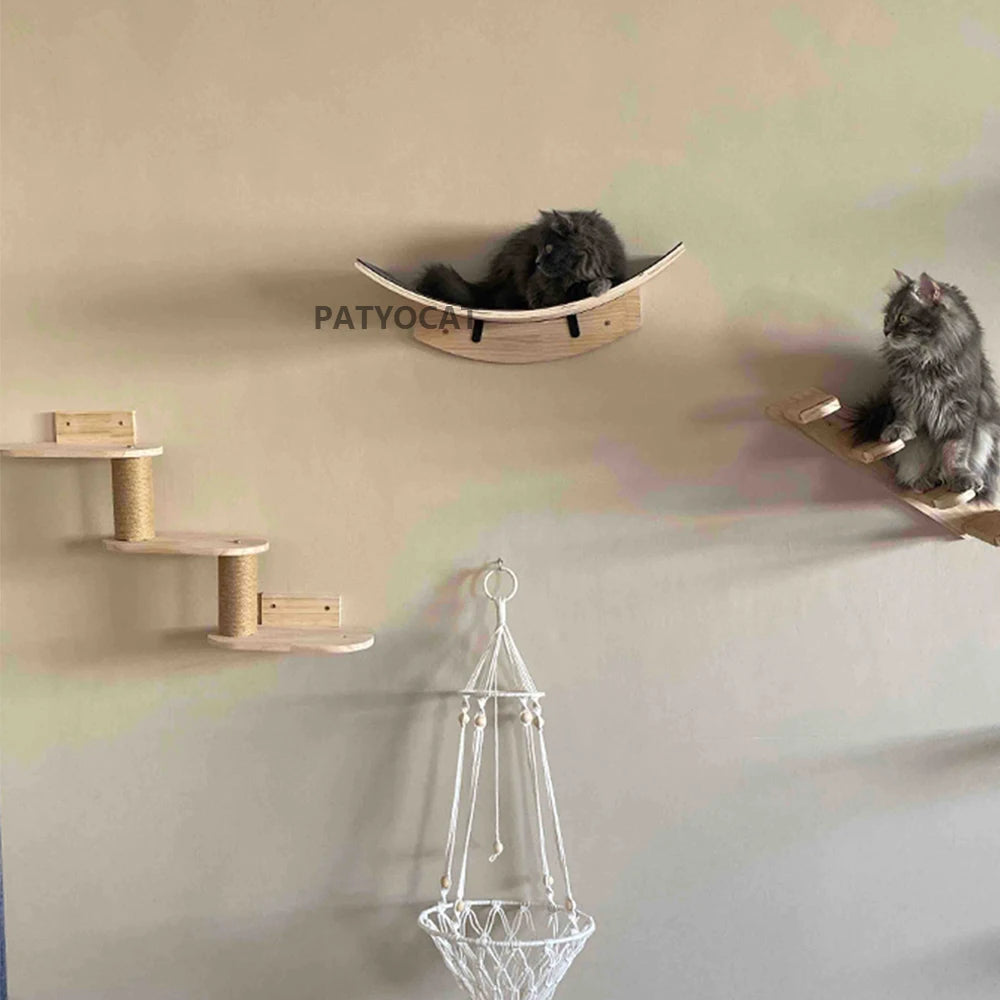 Wall Mounted Cat Climbing Shelves Cat House Cat Bridge Cat Hammock with Scratching Post and Pedals or Stairway for Kittens