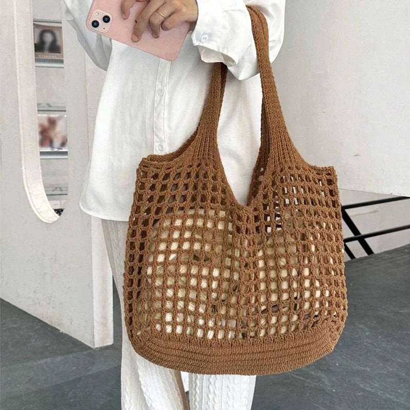Fashion Crochet Bags for Women Summer Beach Tote Bag Raffia Aesthetic Totes Straw Handbag Bohemian Boho Woven Knit Shoulder Bag
