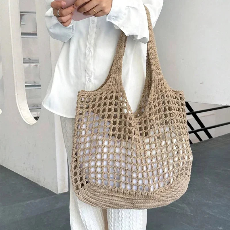 Fashion Crochet Bags for Women Summer Beach Tote Bag Raffia Aesthetic Totes Straw Handbag Bohemian Boho Woven Knit Shoulder Bag