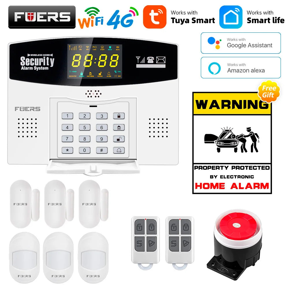 Fuers Tuya Smart WIFI 4G 2G GSM Alarm System Burglar Alarm 433MHZ Wireless Wired Security Zone Link Alexa Google Motion Sensor
