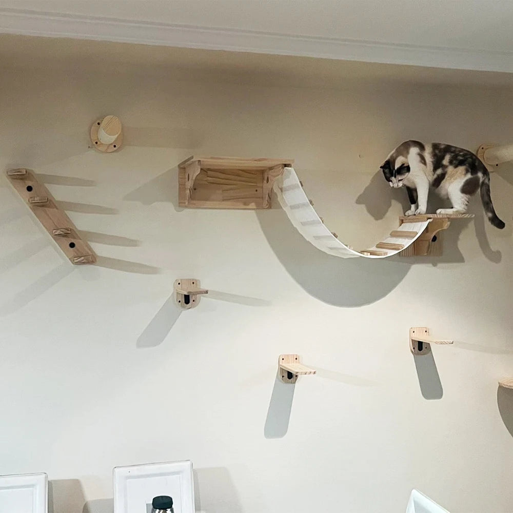 Wall Mounted Cat Climbing Shelves Cat House Cat Bridge Cat Hammock with Scratching Post and Pedals or Stairway for Kittens