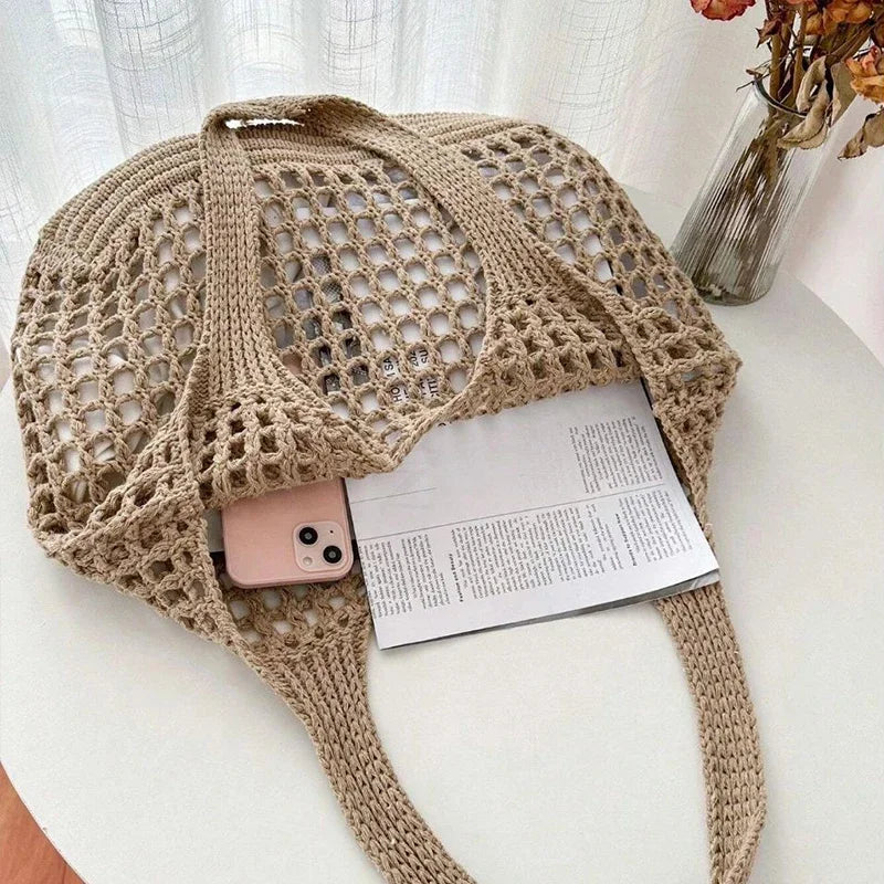 Fashion Crochet Bags for Women Summer Beach Tote Bag Raffia Aesthetic Totes Straw Handbag Bohemian Boho Woven Knit Shoulder Bag