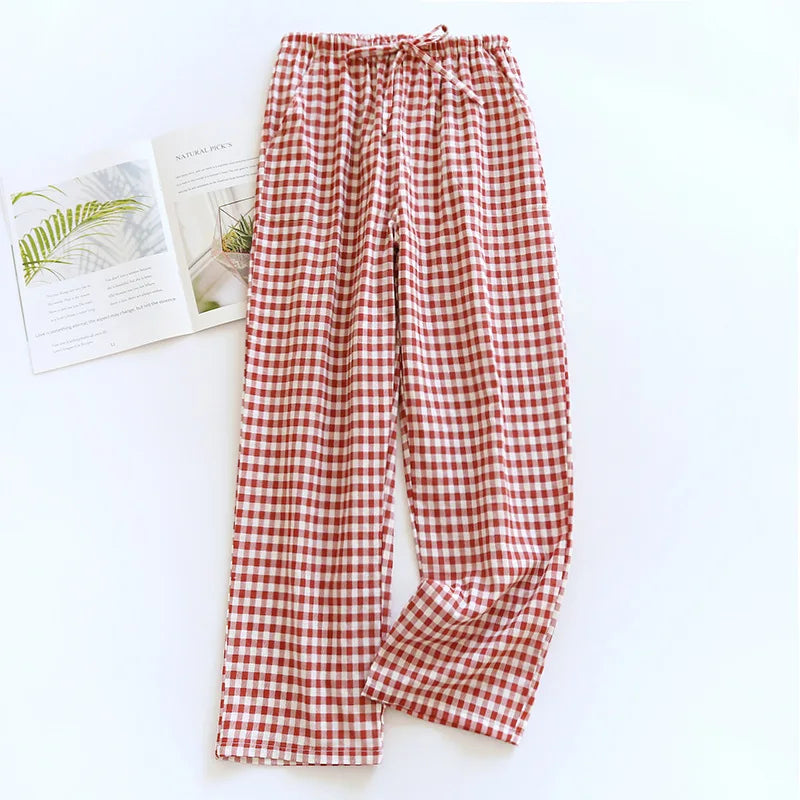 Men's Cotton Gauze Trousers Plaid Knitted Sleep Pants Woman Pajamas Pants Bottoms Sleepwear Short for Couples Pijama Hombre