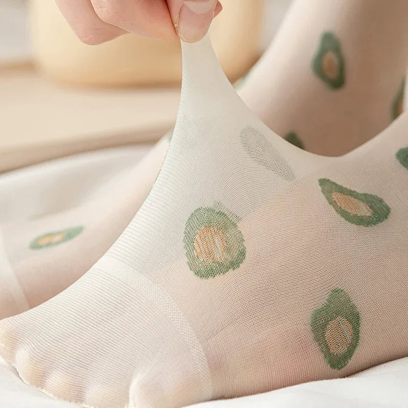 Dopamine JK Kawaii Fruit Ruffled Cute Silk Socks Women Summer Thin Breathable Flower Crystal Sexy Transparent Female Lace Socks