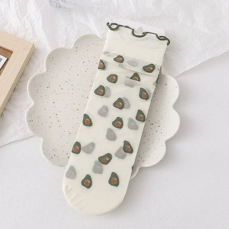 Dopamine JK Kawaii Fruit Ruffled Cute Silk Socks Women Summer Thin Breathable Flower Crystal Sexy Transparent Female Lace Socks