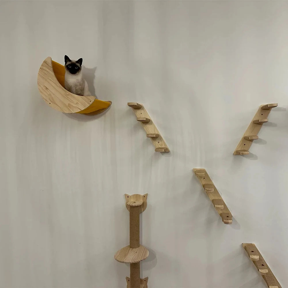 Wall Mounted Cat Climbing Shelves Cat House Cat Bridge Cat Hammock with Scratching Post and Pedals or Stairway for Kittens