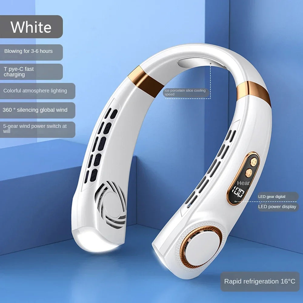 2025 New Portable Neck Fan USB Handheld Mute LED Digital Display Leafless Mini Electric Fan Colorful Atmosphere Lights 5th Gear