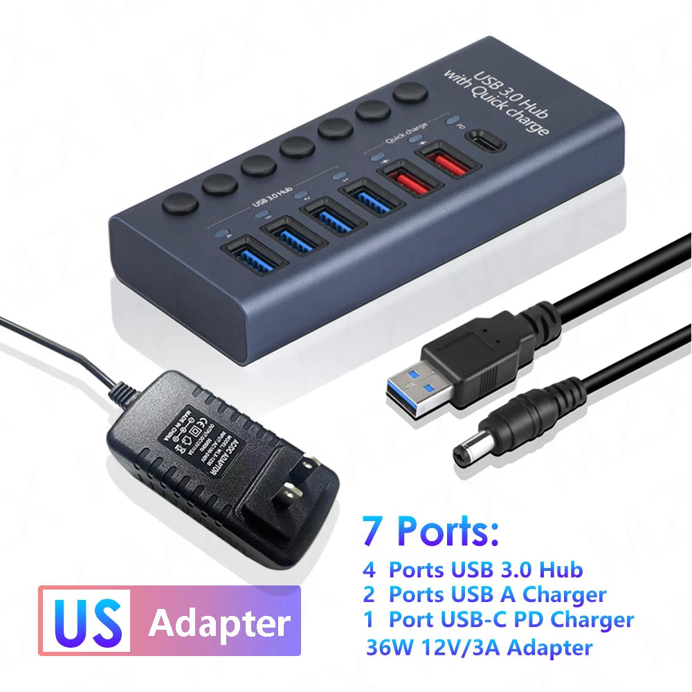 MZX USB A 3.0 Hub Aluminum Multi Ports Splitter Concentrator Quick PD Charger Power Adapter C Multiple Expander Hubs With Switch