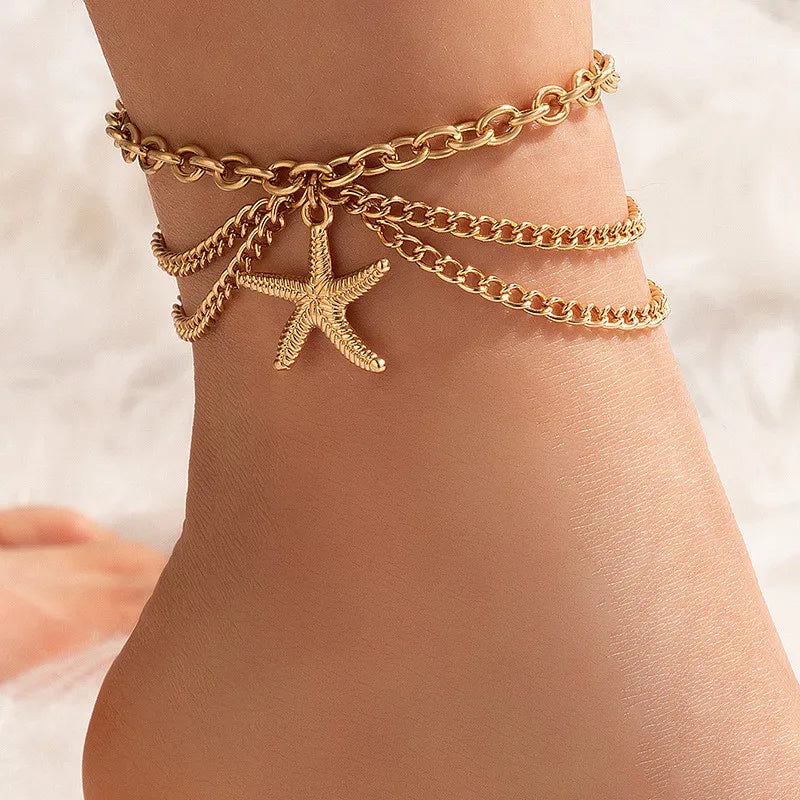 Boho Gold Silver Color Tassel Chain Bracelet Anklet Charms Snake/Starfish/Heart Sexy Leg Ankle On Foot Chain Beach Jewelry