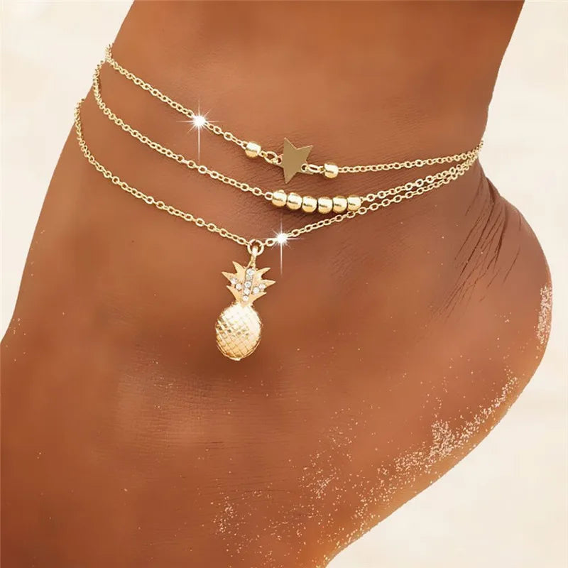Boho Gold Silver Color Tassel Chain Bracelet Anklet Charms Snake/Starfish/Heart Sexy Leg Ankle On Foot Chain Beach Jewelry